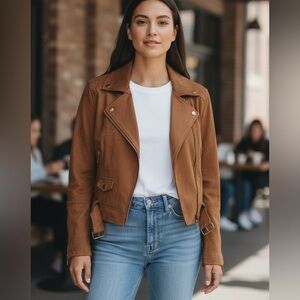 Ramy Brook Women’s “Henrietta" Faux Suede Moto Jacket in “Saddle" Size M